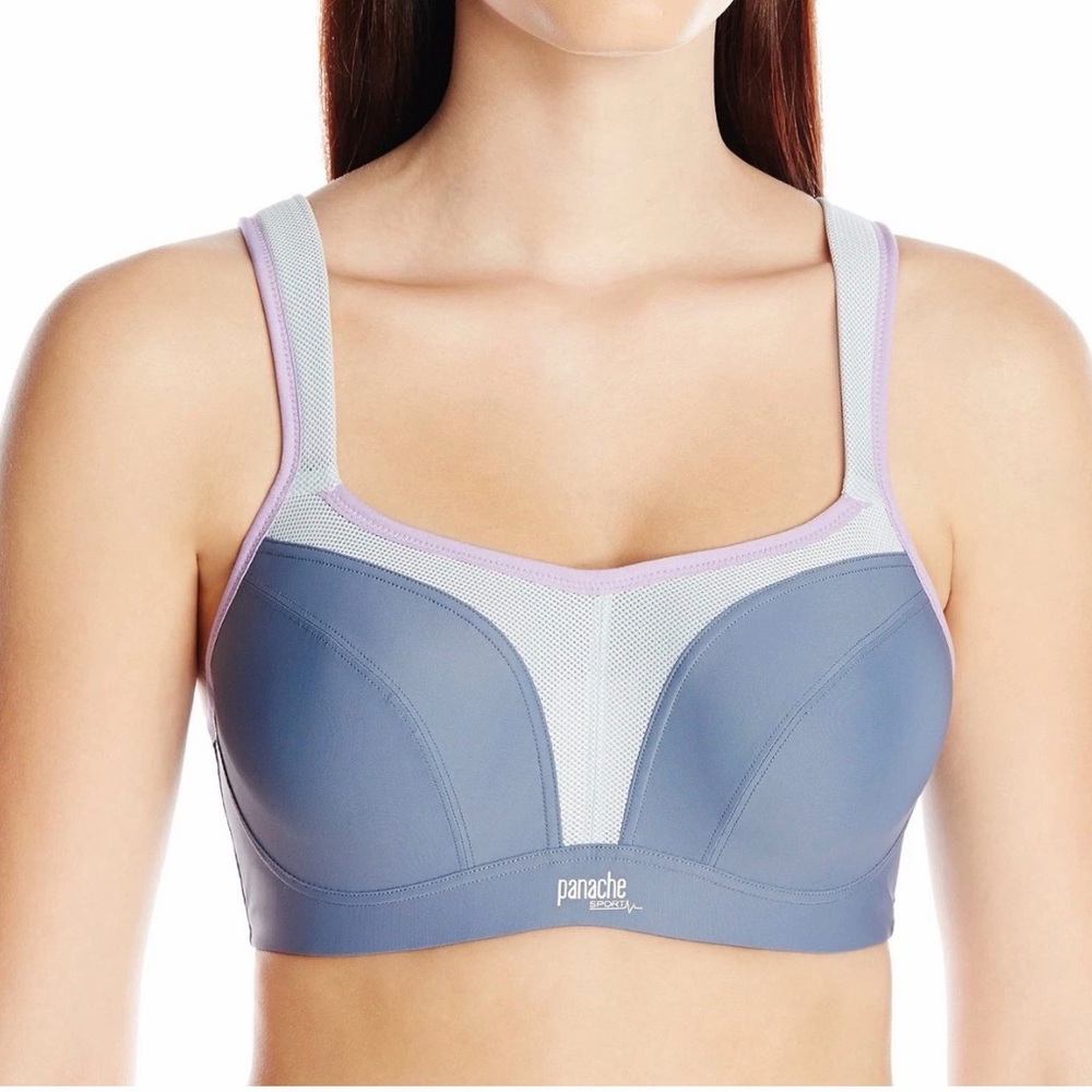 Panache Gray Sports Bra with Lilac Trim and White Mesh - Picture 2 of 7